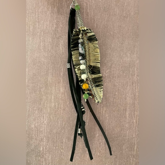 Black Leather Fringe & feather Bag Charm Hippie Boho Purse Tassel keychain charm - Picture 6 of 7